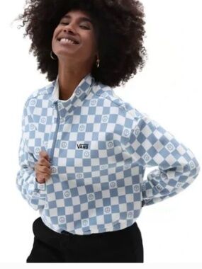Cropped Vans Blue Checkered Long Sleeve Half Zip Pullover